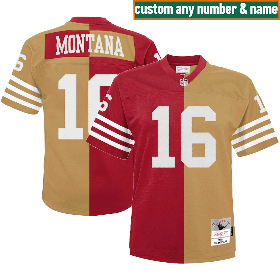 49ers Custom Jersey, Scarlet/Gold Youth's, Big &amp; Tall Split Legacy Retired Player  Jersey