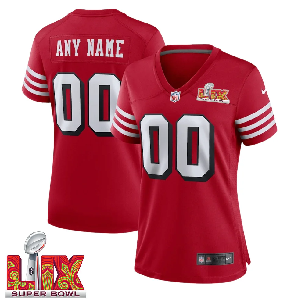 Woman’s Custom San Francisco 49ers Super Bowl LIX Red Game Jersey –