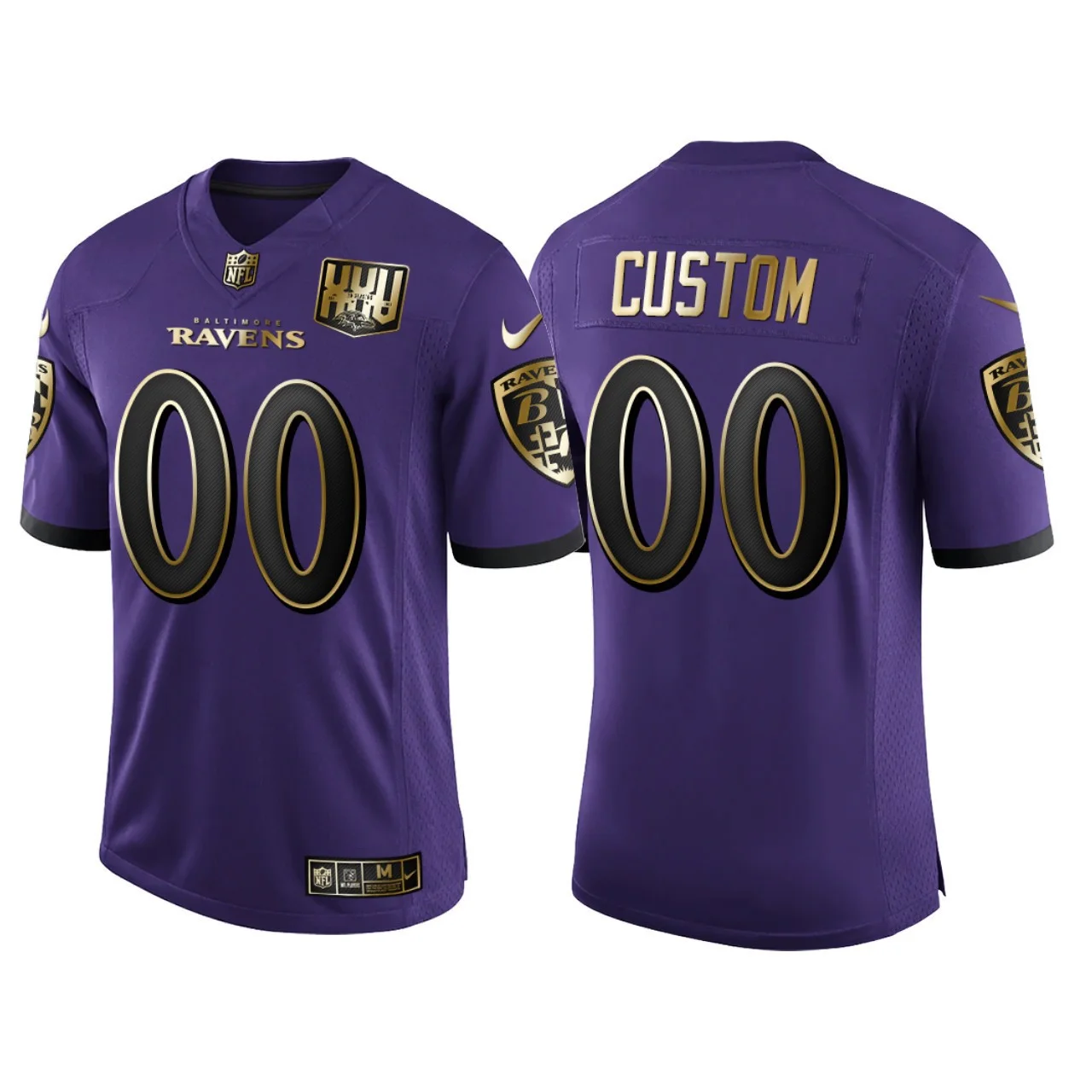 Raven Jersey Custom for Men Baltimore Ravens #00 Custom 25th Anniversary Speed Machine Golden Limited Jersey - Purple -