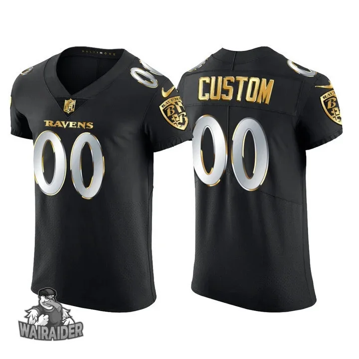 Raven Jersey Custom for Men Baltimore Ravens Custom Golden Edition Elite Jersey - Black -