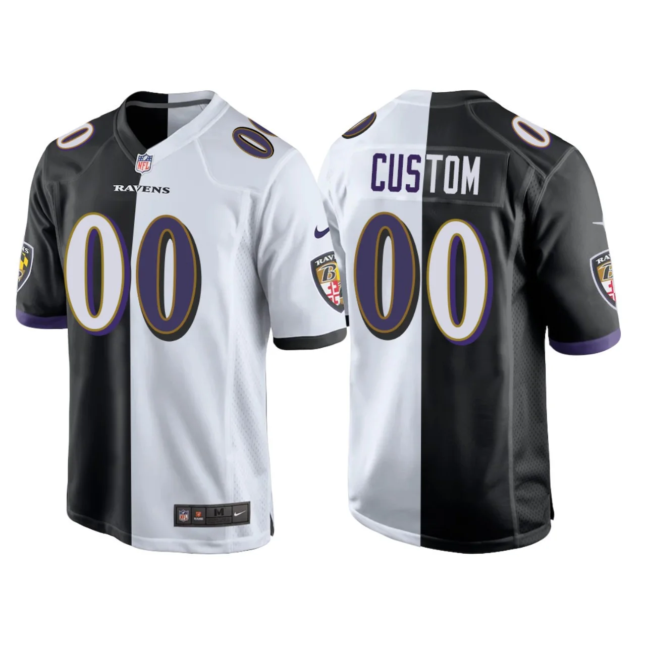 Raven Jersey Custom for Men Baltimore Ravens Custom Split Game Jersey - Black White -