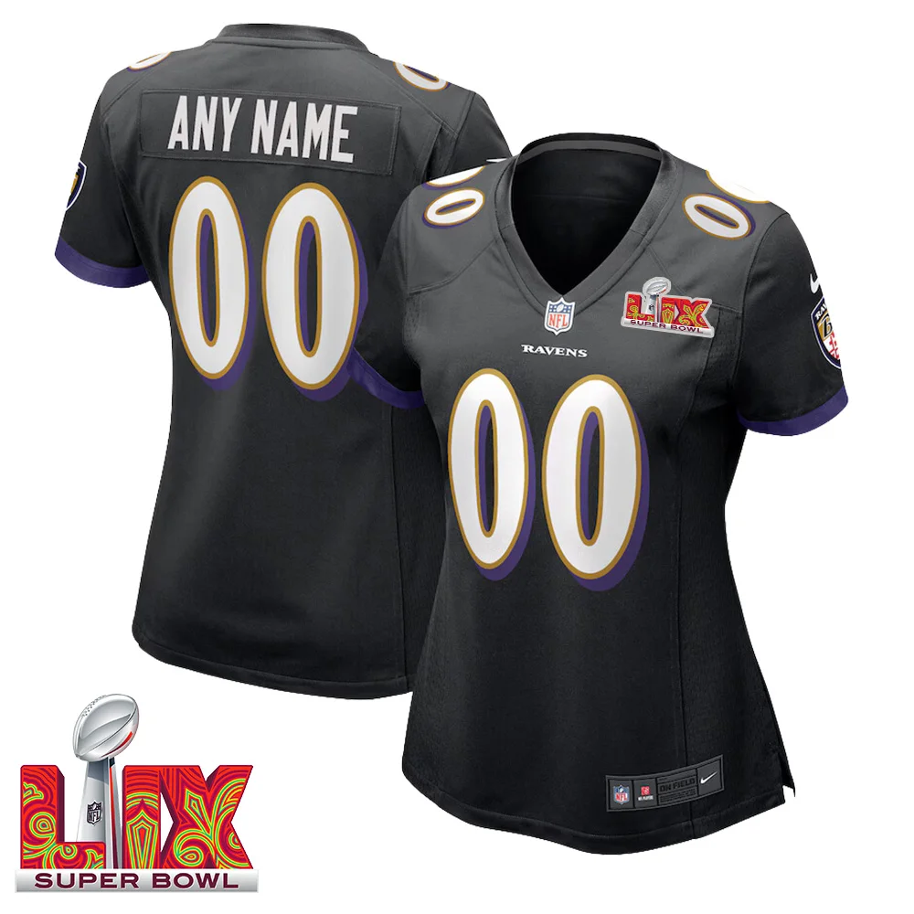 Woman’s Custom Baltimore Ravens Super Bowl LIX Black Away Jersey –