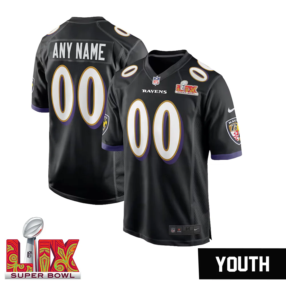 Youth’s Custom Baltimore Ravens Super Bowl LIX Black Away Jersey –