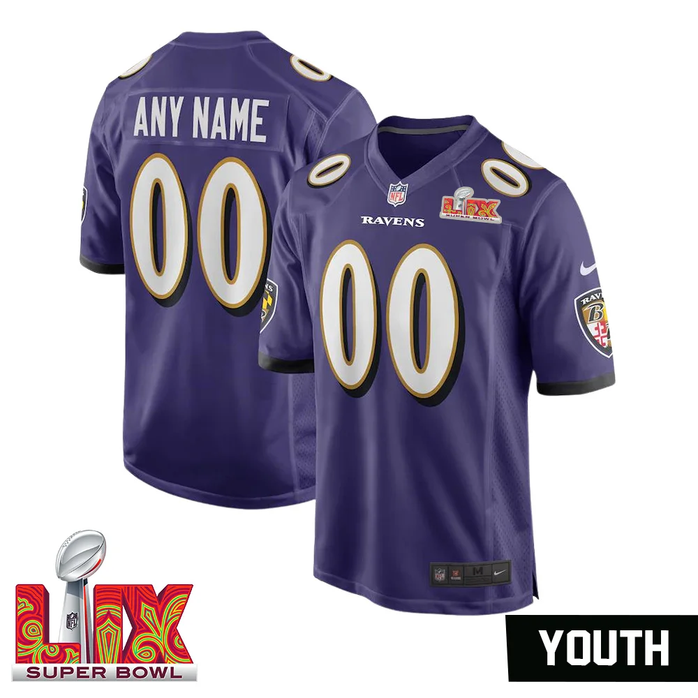 Youth’s Custom Baltimore Ravens Super Bowl LIX Purple Home Jersey –