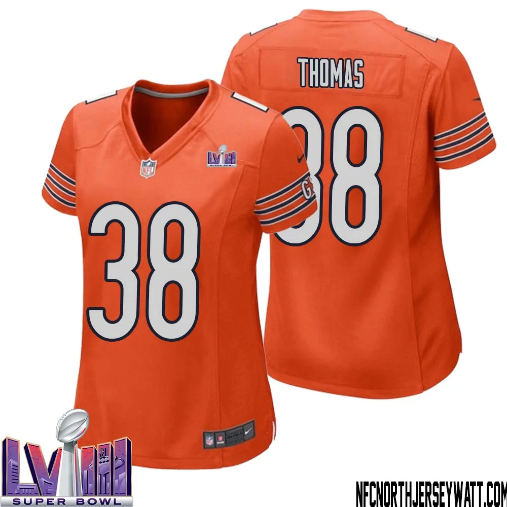 A.J. Thomas No 38 Chicago Bears Super Bowl LVIII Alternate Game Jersey Orange for Women 1