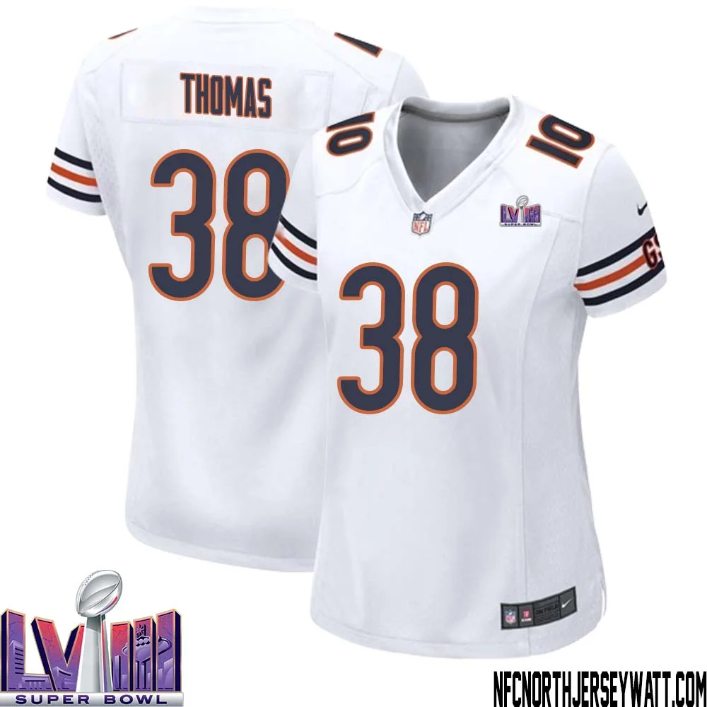 A.J. Thomas No 38 Chicago Bears Super Bowl LVIII Away Game Jersey White for Women