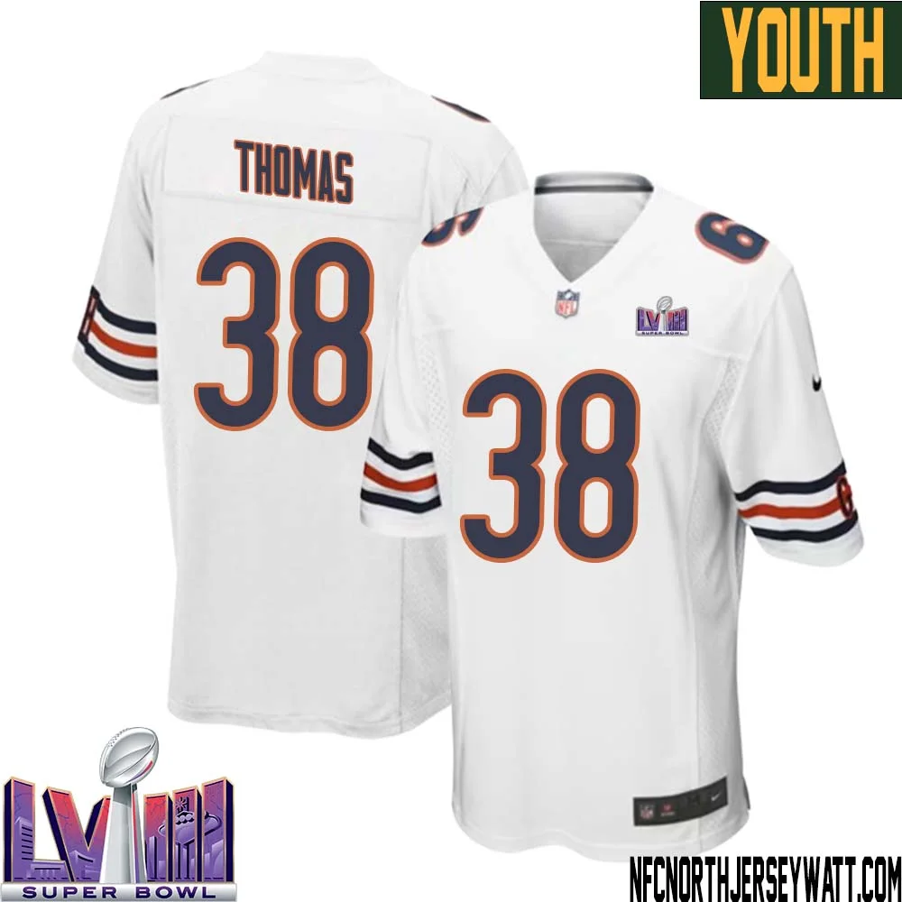 A.J. Thomas No 38 Chicago Bears Super Bowl LVIII Away Game Jersey White for Youth