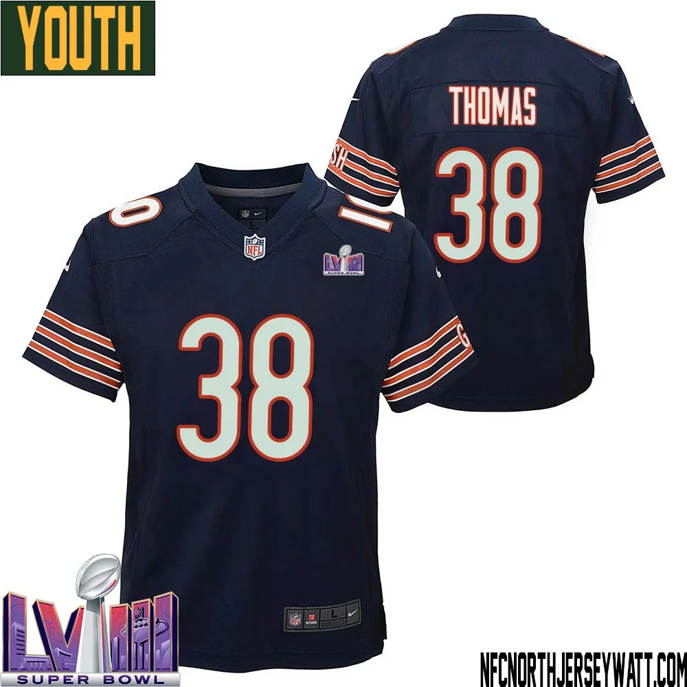 A.J. Thomas No 38 Chicago Bears Super Bowl LVIII Home Game Jersey Navy for Youth