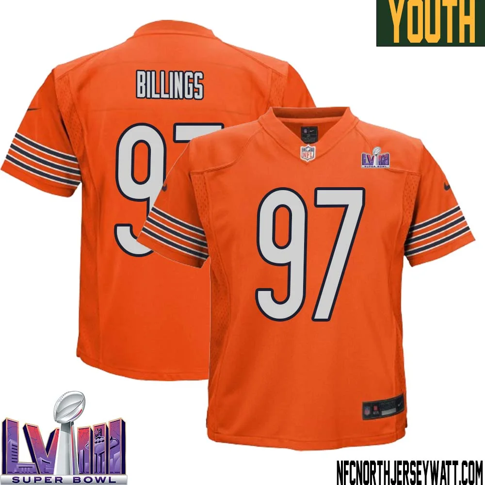 Andrew Billings No 97 Chicago Bears Super Bowl LVIII Alternate Game Jersey Orange for Youth 1