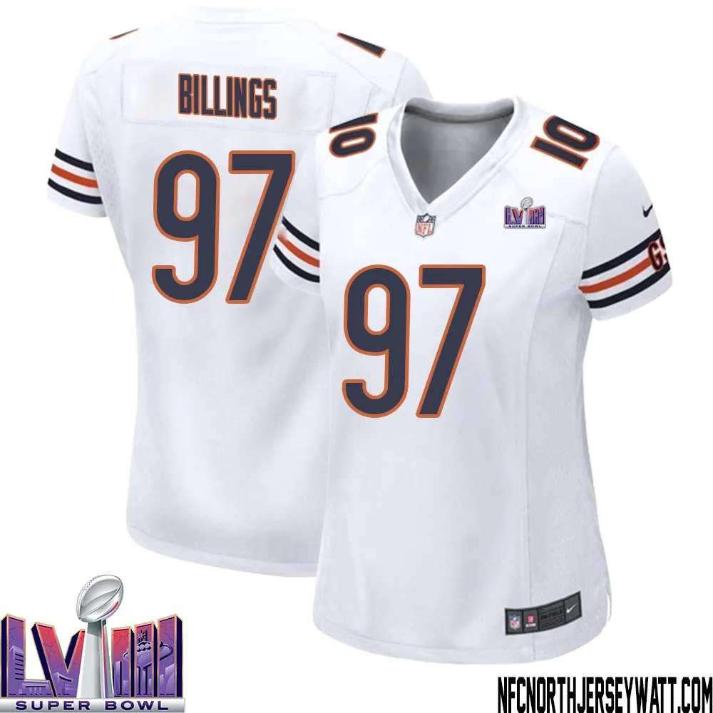 Andrew Billings No 97 Chicago Bears Super Bowl LVIII Away Game Jersey White for Women