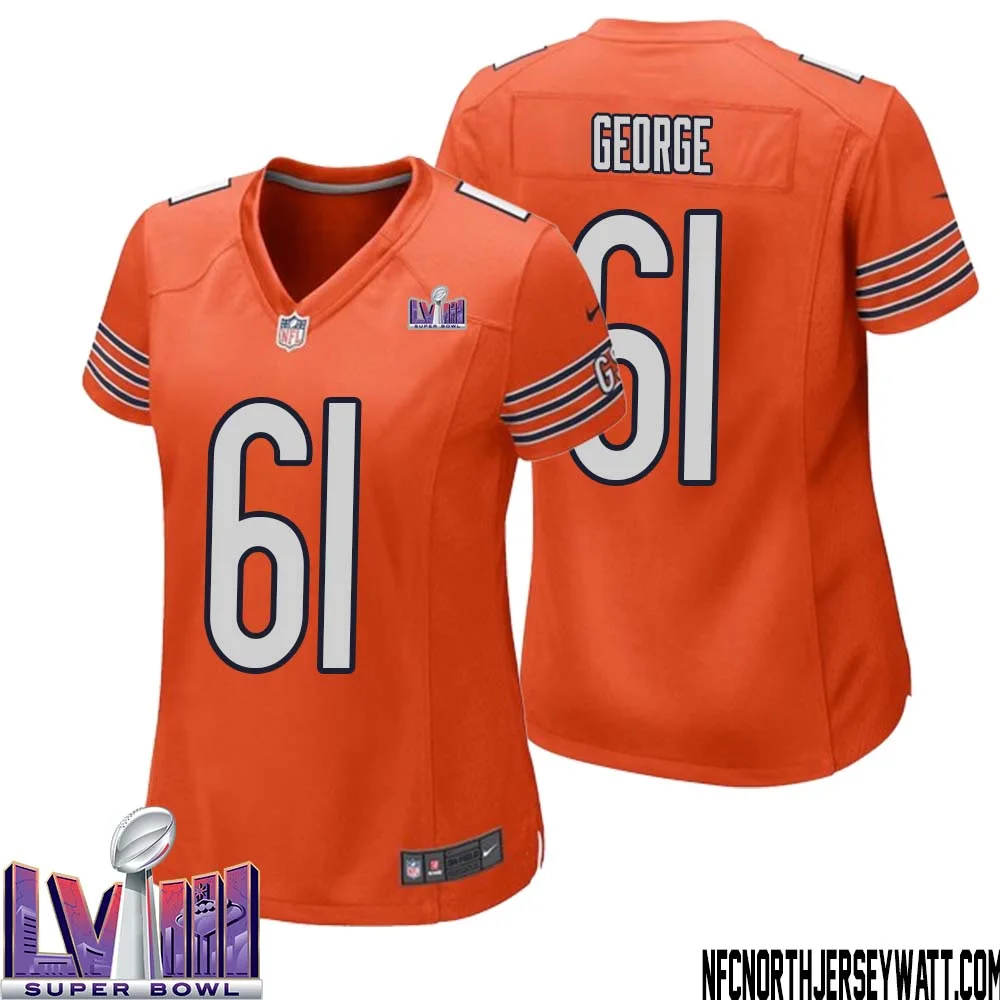 Bill George No 61 Chicago Bears Super Bowl LVIII Alternate Game Jersey Orange for Women 1