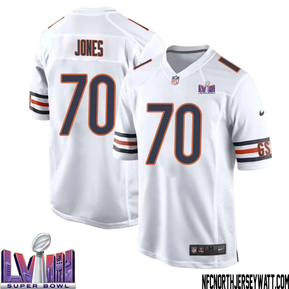 Braxton Jones No 70 Chicago Bears Super Bowl LVIII Away Game Jersey White for Men