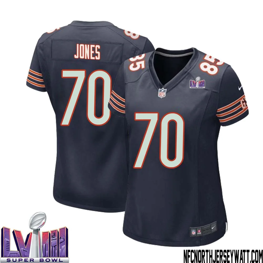 Braxton Jones No 70 Chicago Bears Super Bowl LVIII Home Game Jersey Navy for Women