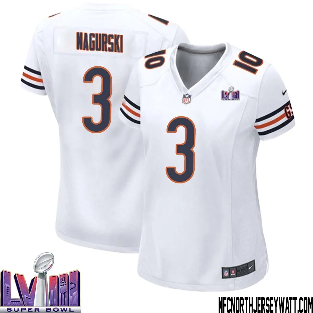 Bronko Nagurski No 3 Chicago Bears Super Bowl LVIII Away Game Jersey White for Women 1