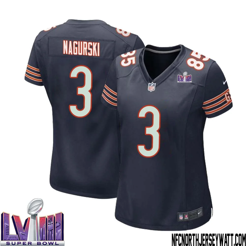 Bronko Nagurski No 3 Chicago Bears Super Bowl LVIII Home Game Jersey Navy for Women 1