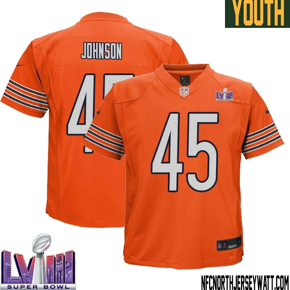 Buddy Johnson No 45 Chicago Bears Super Bowl LVIII Alternate Game Jersey Orange for Youth