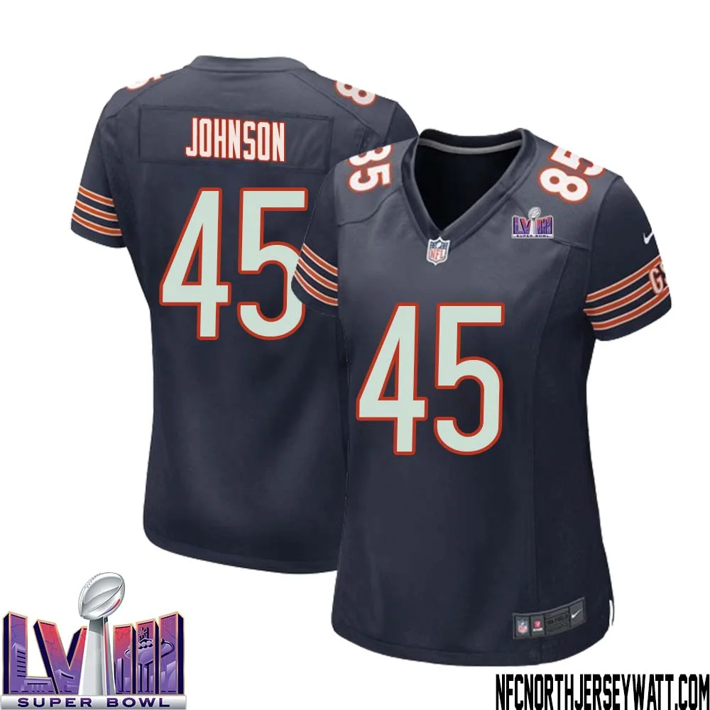 Buddy Johnson No 45 Chicago Bears Super Bowl LVIII Home Game Jersey Navy for Women 1