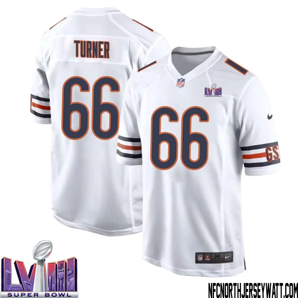 Bulldog Turner No 66 Chicago Bears Super Bowl LVIII Away Game Jersey White for Men 1