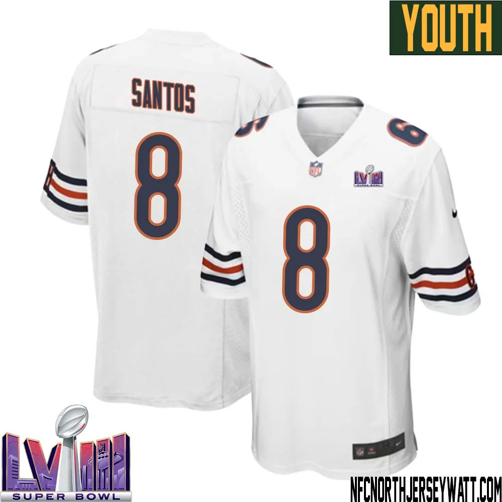 Cairo Santos No 8 Chicago Bears Super Bowl LVIII Away Game Jersey White for Youth