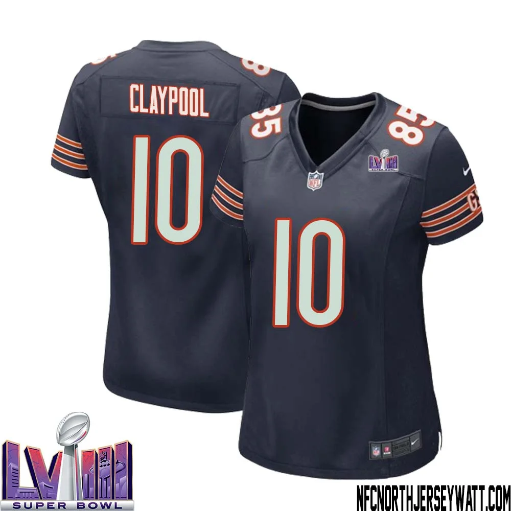 Chase Claypool No 10 Chicago Bears Super Bowl LVIII Home Game Jersey Navy for Women