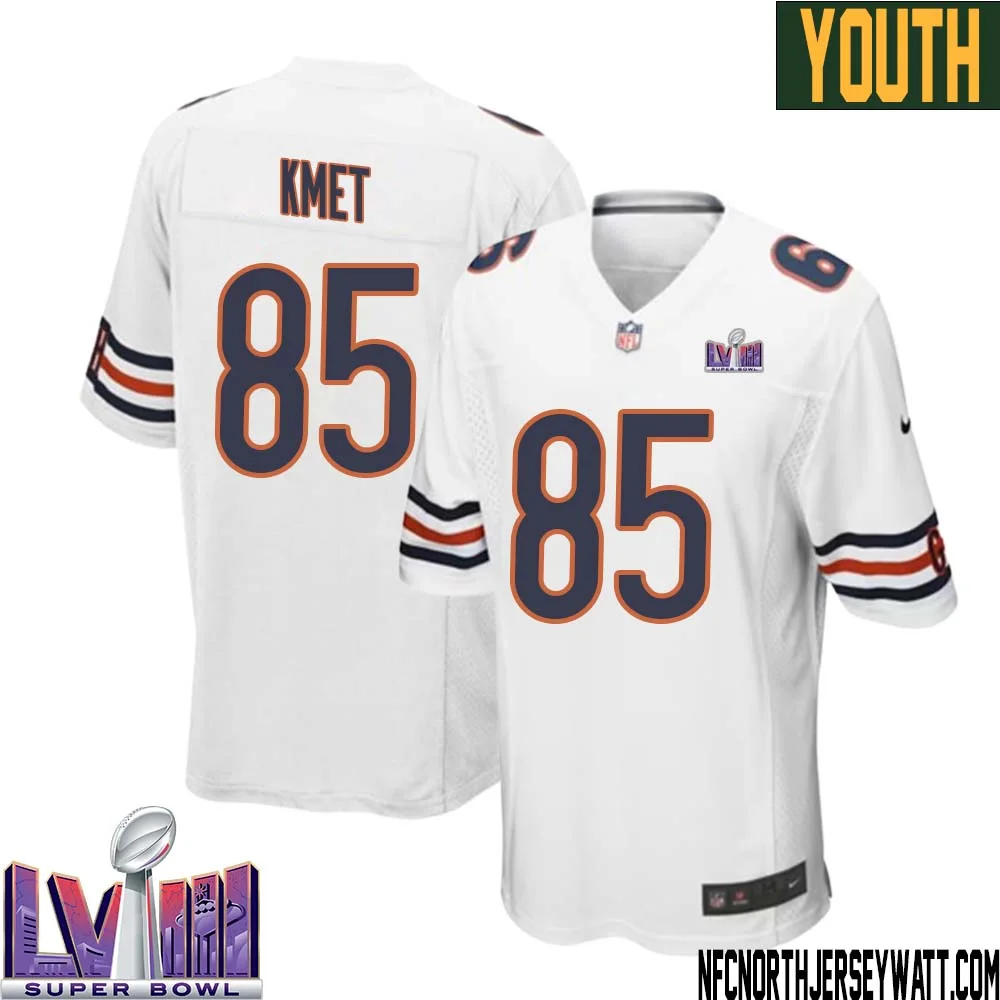 Cole Kmet No 85 Chicago Bears Super Bowl LVIII Away Game Jersey White for Youth 1