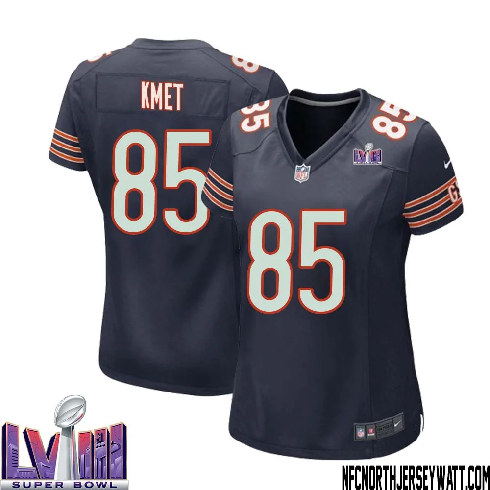 Cole Kmet No 85 Chicago Bears Super Bowl LVIII Home Game Jersey Navy for Women 1