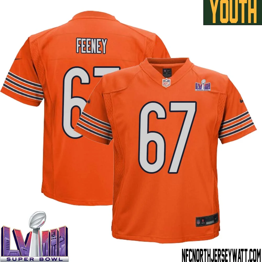 Dan Feeney No 67 Chicago Bears Super Bowl LVIII Alternate Game Jersey Orange for Youth
