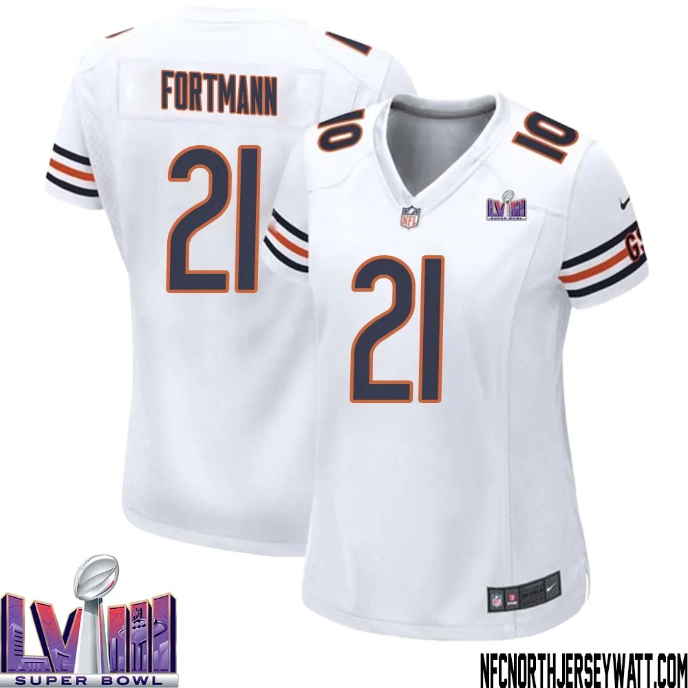 Dan Fortmann No 21 Chicago Bears Super Bowl LVIII Away Game Jersey White for Women
