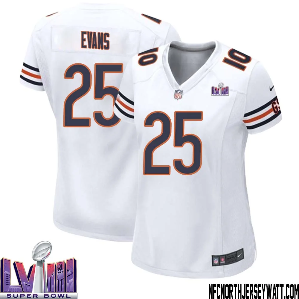 Darrynton Evans No 25 Chicago Bears Super Bowl LVIII Away Game Jersey White for Women