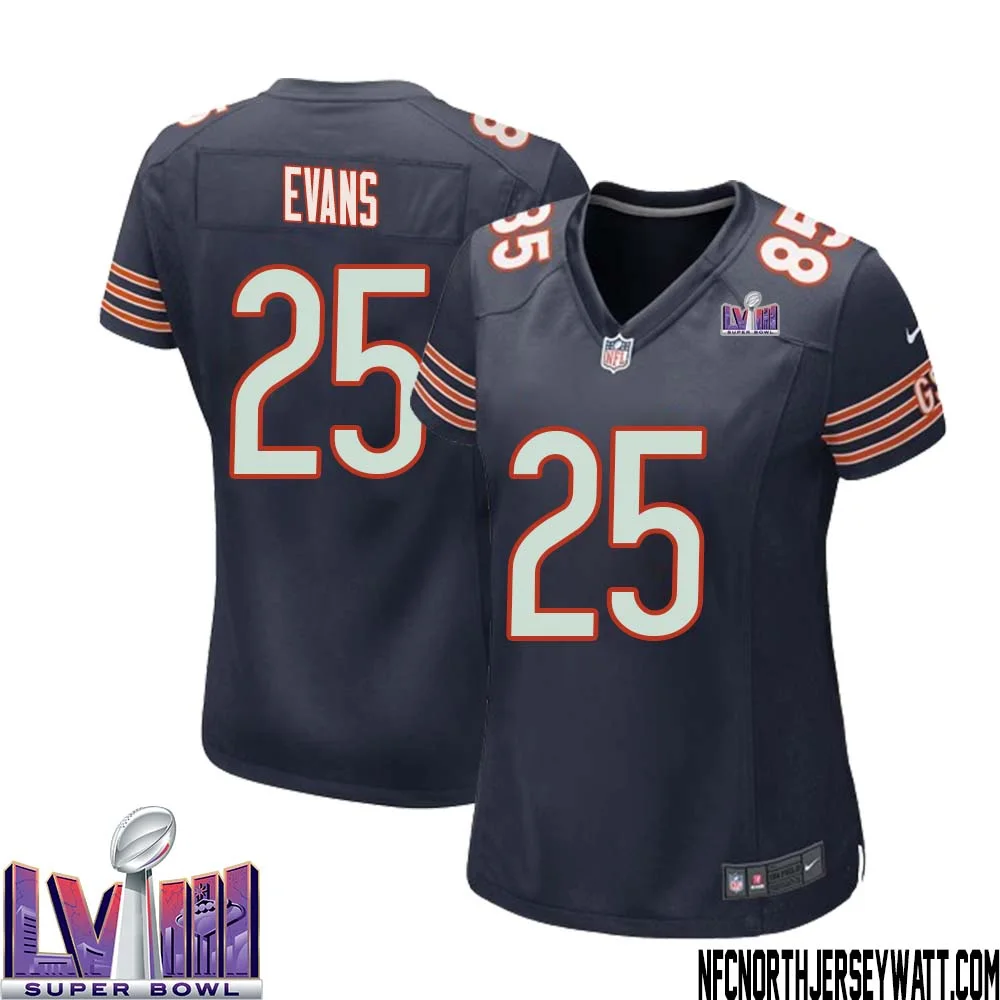 Darrynton Evans No 25 Chicago Bears Super Bowl LVIII Home Game Jersey Navy for Women
