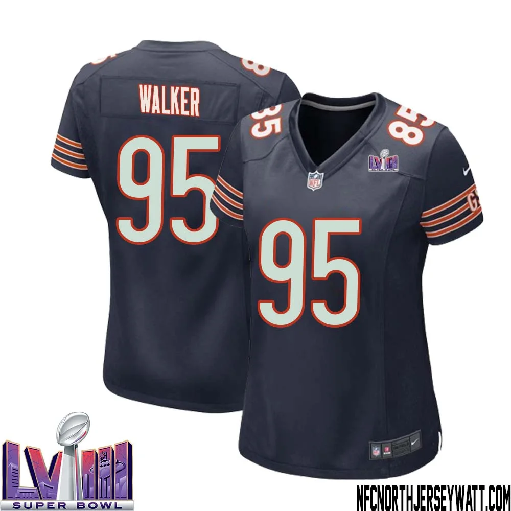 DeMarcus Walker No 95 Chicago Bears Super Bowl LVIII Home Game Jersey Navy for Women