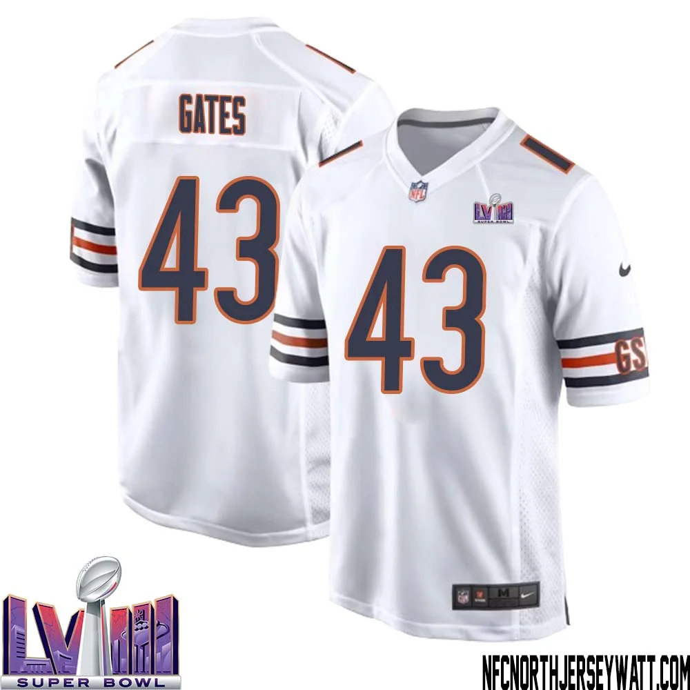 DeMarquis Gates No 43 Chicago Bears Super Bowl LVIII Away Game Jersey White for Men 1