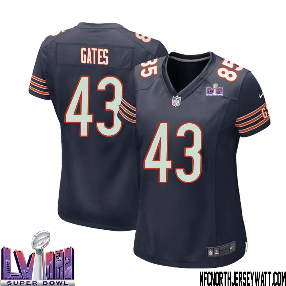 DeMarquis Gates No 43 Chicago Bears Super Bowl LVIII Home Game Jersey Navy for Women