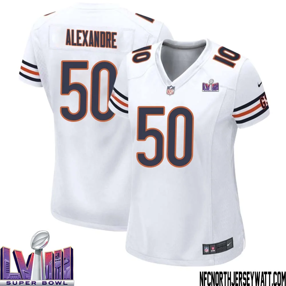 Deslin Alexandre No 50 Chicago Bears Super Bowl LVIII Away Game Jersey White for Women 1