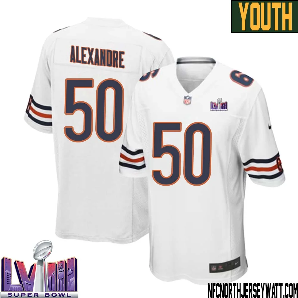 Deslin Alexandre No 50 Chicago Bears Super Bowl LVIII Away Game Jersey White for Youth 1