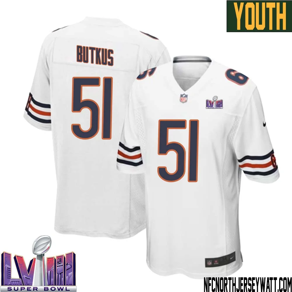 Dick Butkus No 51 Chicago Bears Super Bowl LVIII Away Game Jersey White for Youth