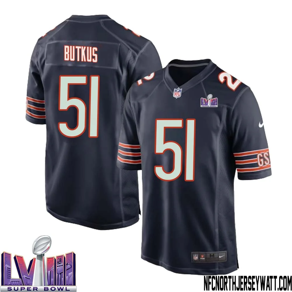 Dick Butkus No 51 Chicago Bears Super Bowl LVIII Home Game Jersey Navy for Men