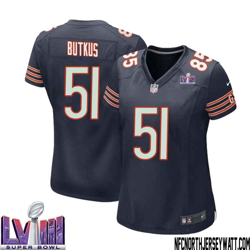 Dick Butkus No 51 Chicago Bears Super Bowl LVIII Home Game Jersey Navy for Women 1