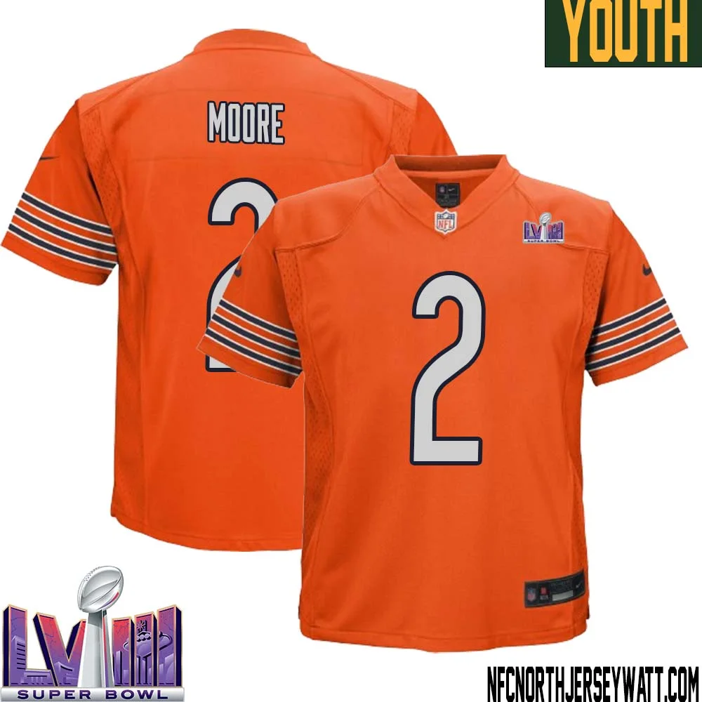 DJ Moore No 2 Chicago Bears Super Bowl LVIII Alternate Game Jersey Orange for Youth