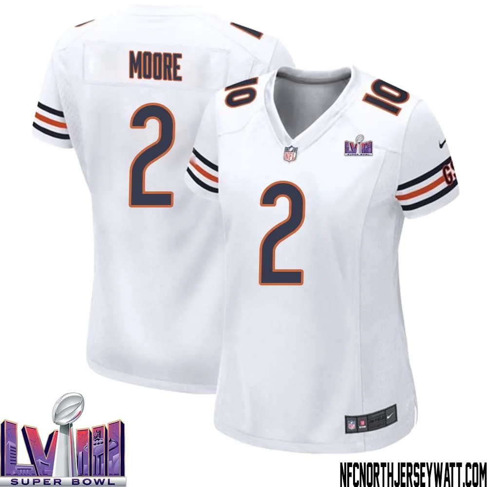 DJ Moore No 2 Chicago Bears Super Bowl LVIII Away Game Jersey White for Women