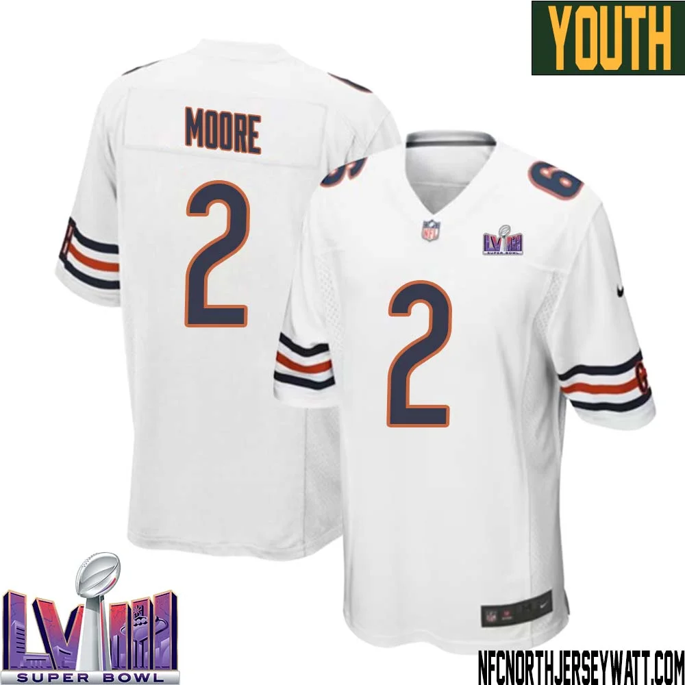 DJ Moore No 2 Chicago Bears Super Bowl LVIII Away Game Jersey White for Youth