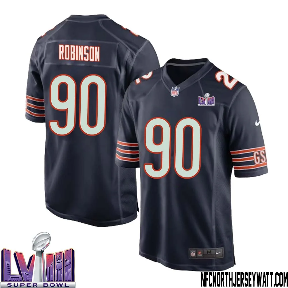 Dominique Robinson No 90 Chicago Bears Super Bowl LVIII Home Game Jersey Navy for Men 1