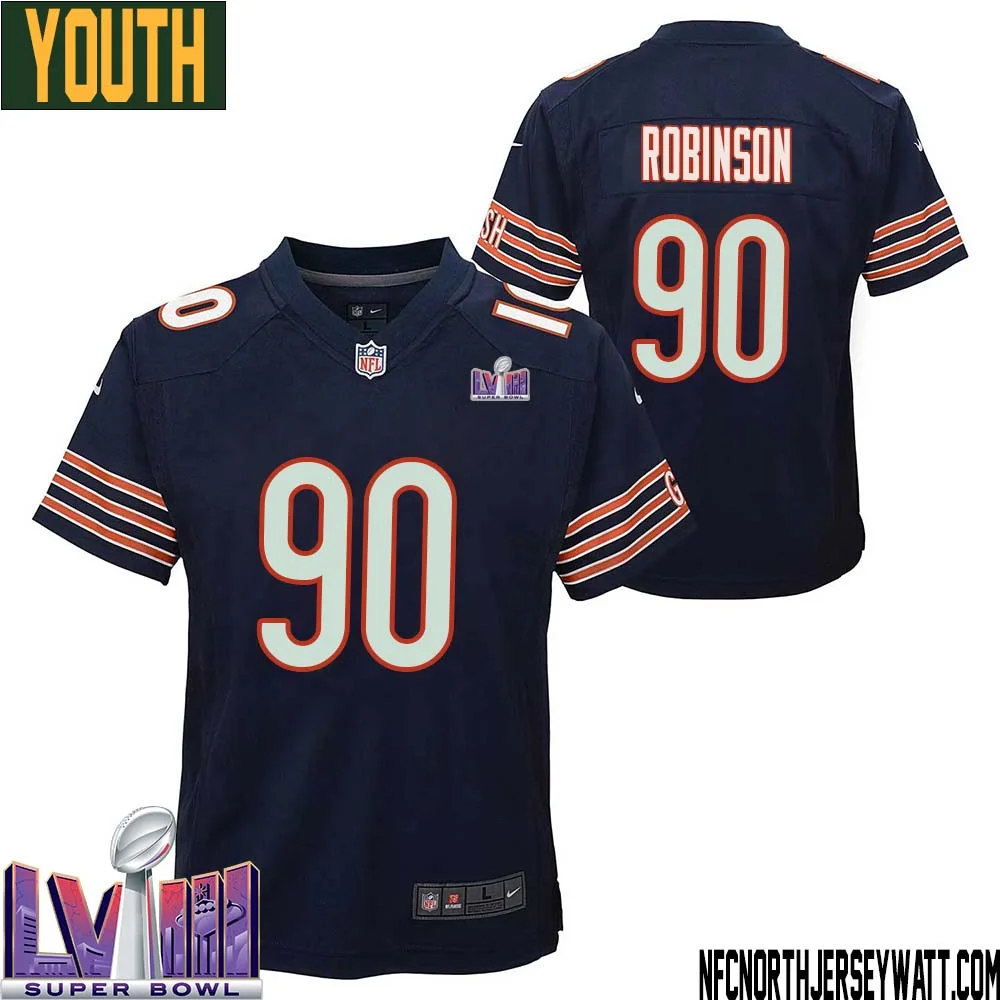 Dominique Robinson No 90 Chicago Bears Super Bowl LVIII Home Game Jersey Navy for Youth 1