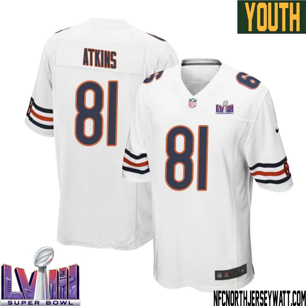 Doug Atkins No 81 Chicago Bears Super Bowl LVIII Away Game Jersey White for Youth