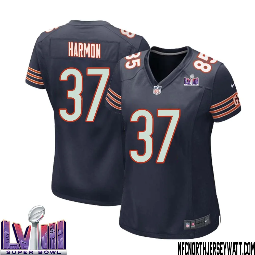 Duron Harmon No 37 Chicago Bears Super Bowl LVIII Home Game Jersey Navy for Women