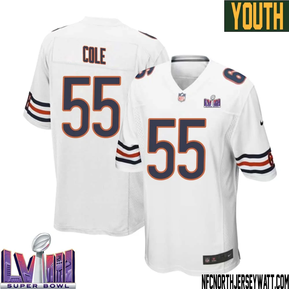 Dylan Cole No 55 Chicago Bears Super Bowl LVIII Away Game Jersey White for Youth 1