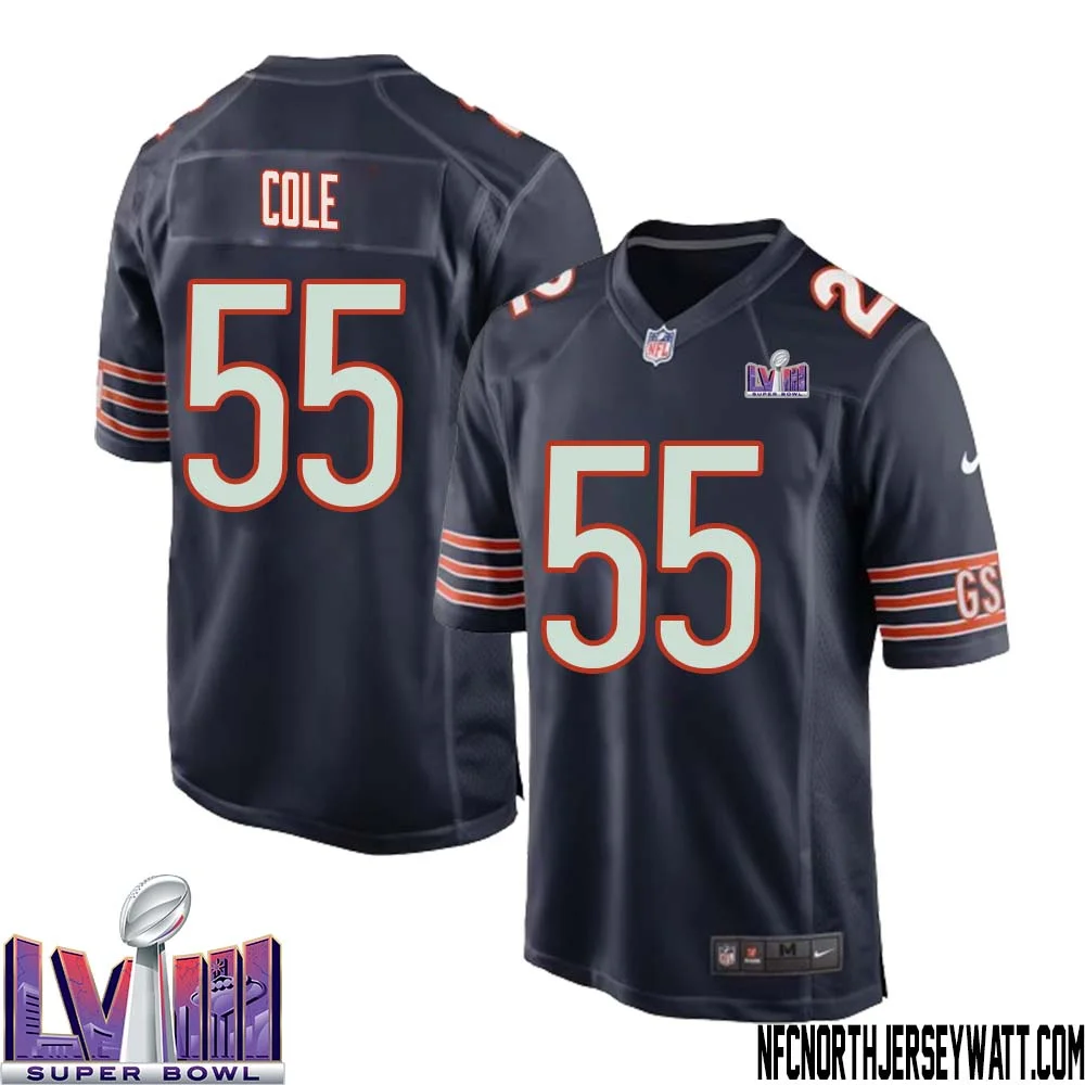 Dylan Cole No 55 Chicago Bears Super Bowl LVIII Home Game Jersey Navy for Men 1