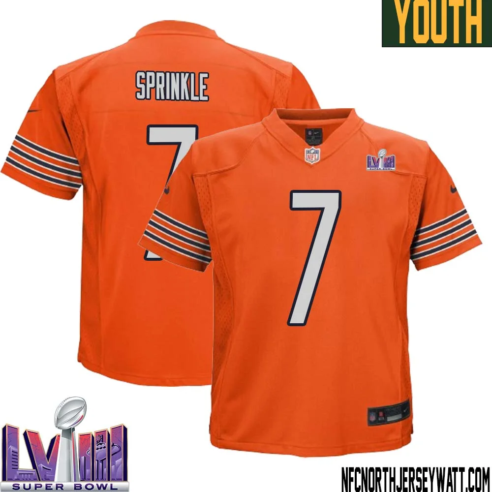 Ed Sprinkle No 7 Chicago Bears Super Bowl LVIII Alternate Game Jersey Orange for Youth
