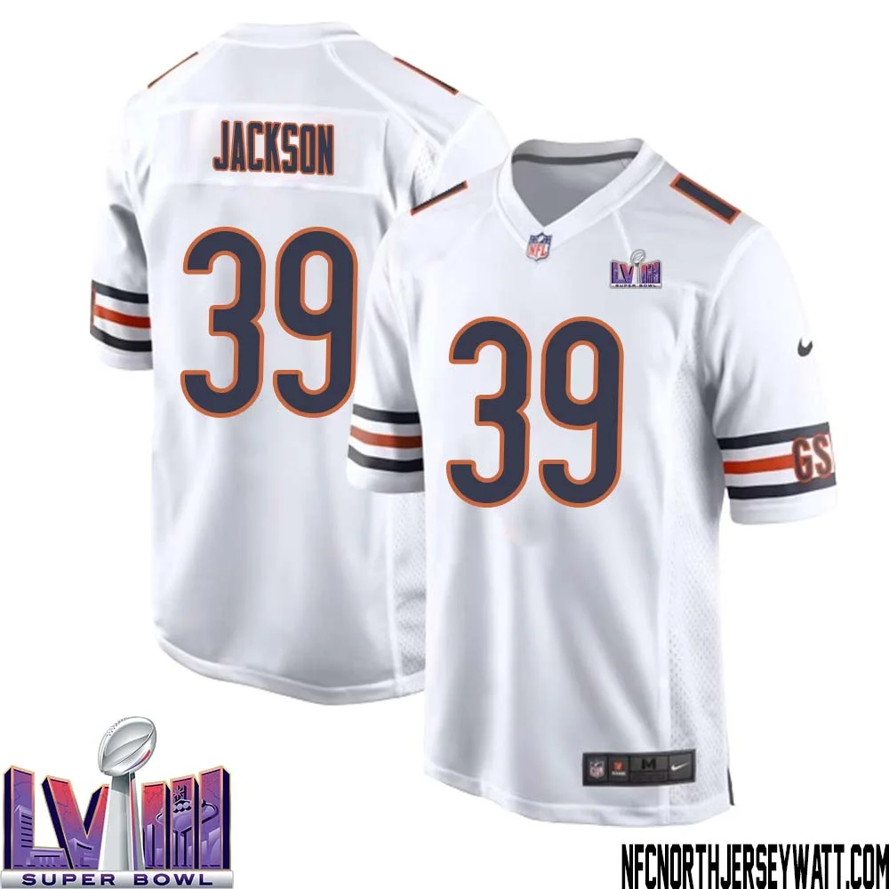 Eddie Jackson No 39 Chicago Bears Super Bowl LVIII Away Game Jersey White for Men 1