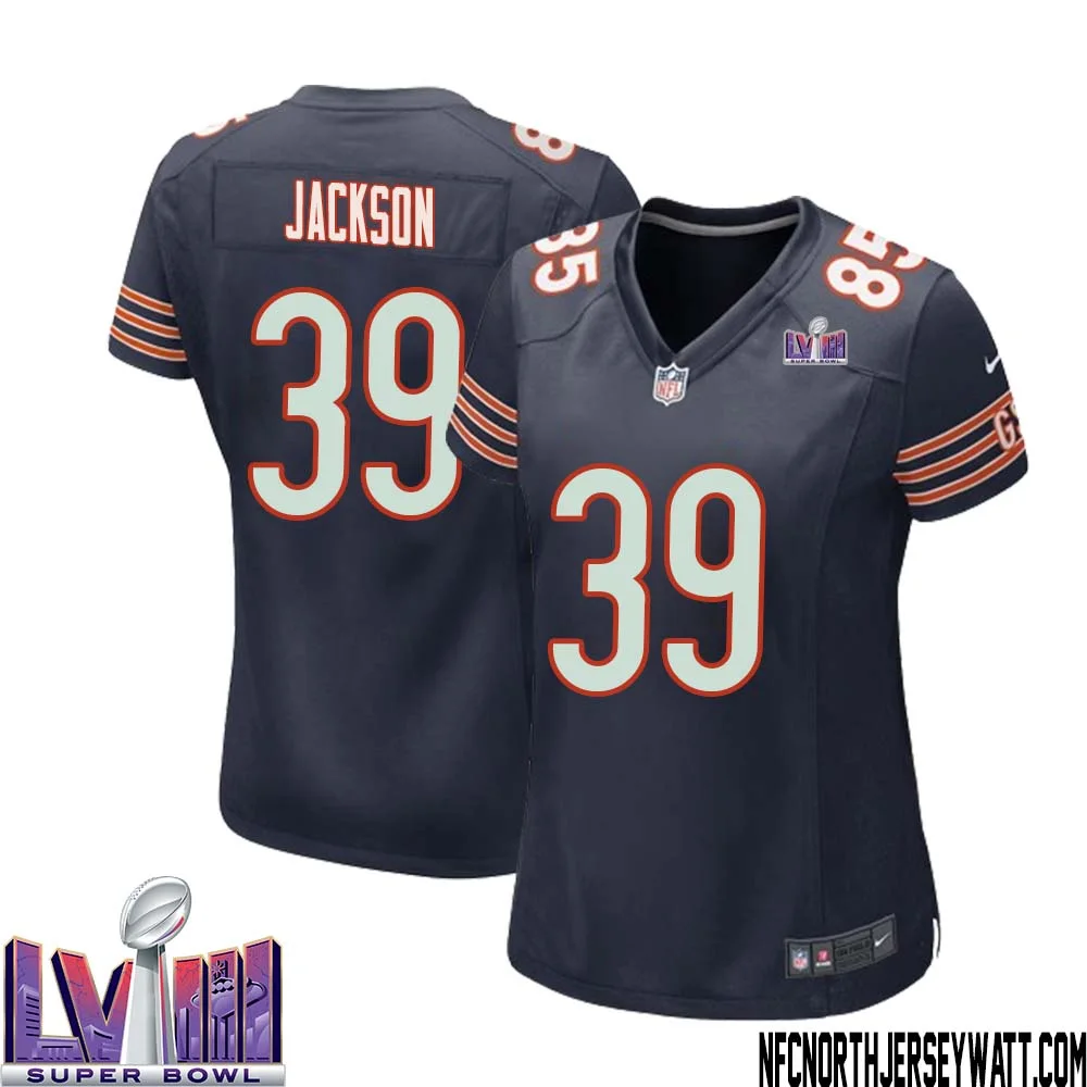 Eddie Jackson No 39 Chicago Bears Super Bowl LVIII Home Game Jersey Navy for Women 1